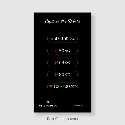 Front & Rear Lens Indicator Vinyl Sticker Packs for Fujifilm GFX Caps