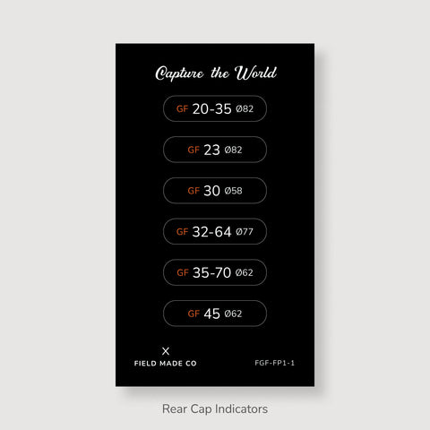 Front & Rear Lens Indicator Vinyl Sticker Packs for Fujifilm GFX Caps