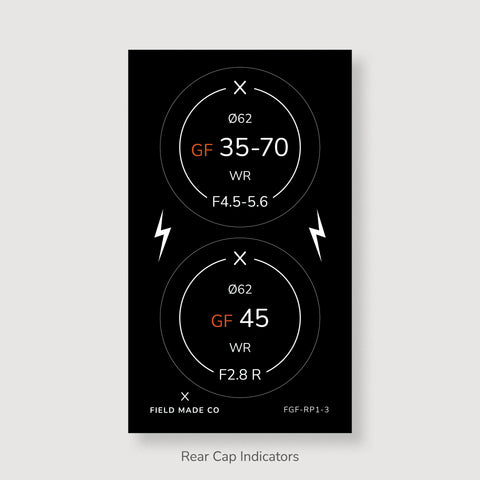 Front & Rear Lens Indicator Vinyl Sticker Packs for Fujifilm GFX Caps
