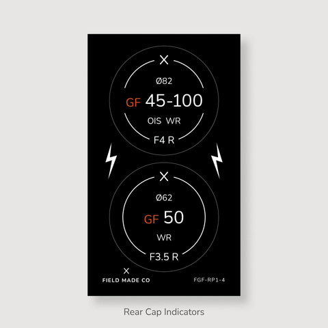 Front & Rear Lens Indicator Vinyl Sticker Packs for Fujifilm GFX Caps