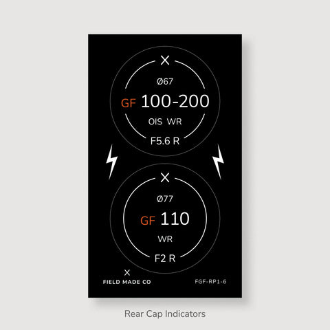 Front & Rear Lens Indicator Vinyl Sticker Packs for Fujifilm GFX Caps