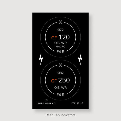 Front & Rear Lens Indicator Vinyl Sticker Packs for Fujifilm GFX Caps