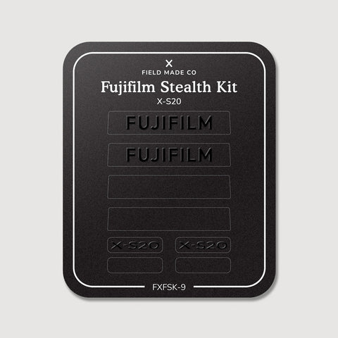 Stealth Kit for Fujifilm X-S20: Ghost Logo and Plain Black vinyl labels on the Field Made Co backing sheet