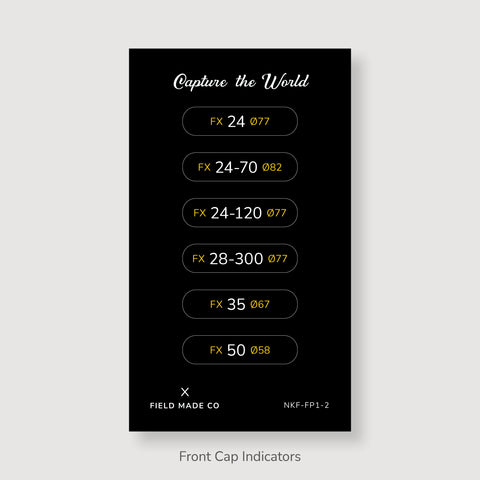 Front & Rear Lens Indicator Vinyl Sticker Packs for Nikon FX Caps
