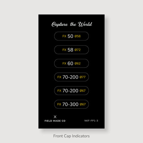 Front & Rear Lens Indicator Vinyl Sticker Packs for Nikon FX Caps