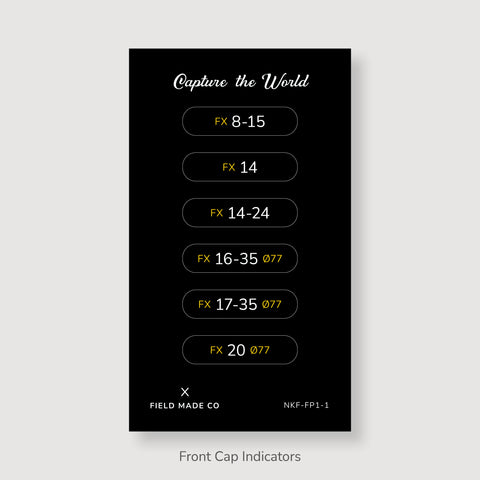 Front & Rear Lens Indicator Vinyl Sticker Packs for Nikon FX Caps