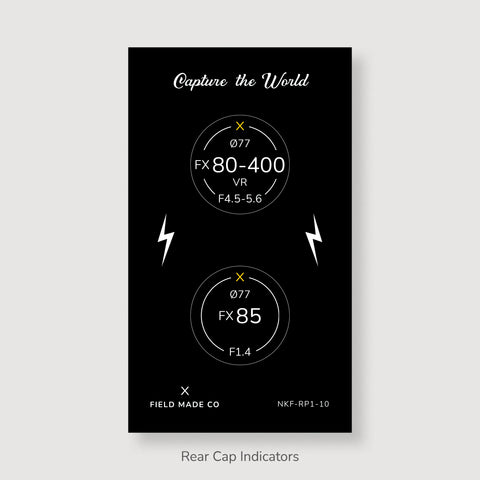 Front & Rear Lens Indicator Vinyl Sticker Packs for Nikon FX Caps