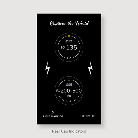 Front & Rear Lens Indicator Vinyl Sticker Packs for Nikon FX Caps