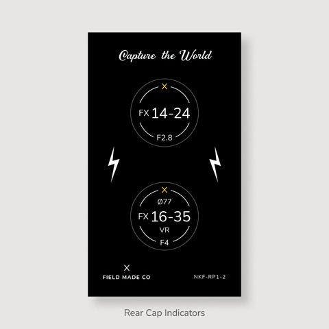 Front & Rear Lens Indicator Vinyl Sticker Packs for Nikon FX Caps