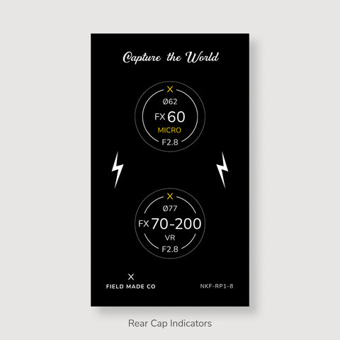 Front & Rear Lens Indicator Vinyl Sticker Packs for Nikon FX Caps