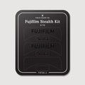 Stealth Kit for Fujifilm X-T4: Ghost Logo and Plain Black vinyl labels on the Field Made Co backing sheet