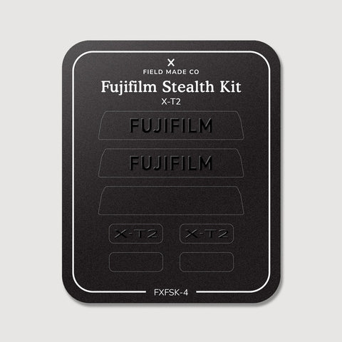 Stealth Kit for Fujifilm X-T2: Ghost Logo and Plain Black vinyl labels on the Field Made Co backing sheet