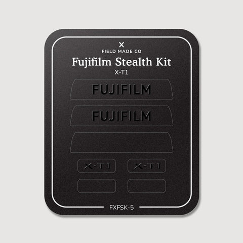 Stealth Kit for Fujifilm X-T1: Ghost Logo and Plain Black vinyl labels on the Field Made Co backing sheet
