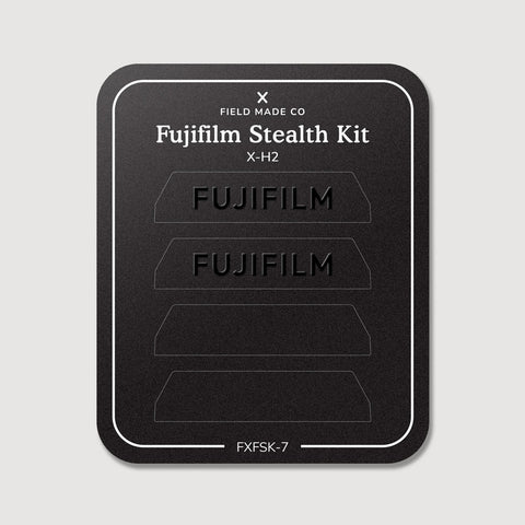Stealth Kit for Fujifilm X-H2: Ghost Logo and Plain Black vinyl labels on the Field Made Co backing sheet