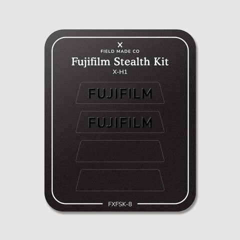 Stealth Kit for Fujifilm X-H1: Ghost Logo and Plain Black vinyl labels on the Field Made Co backing sheet
