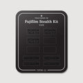 Stealth Kit for Fujifilm X-E5: Ghost Logo and Plain Black vinyl labels on the Field Made Co backing sheet