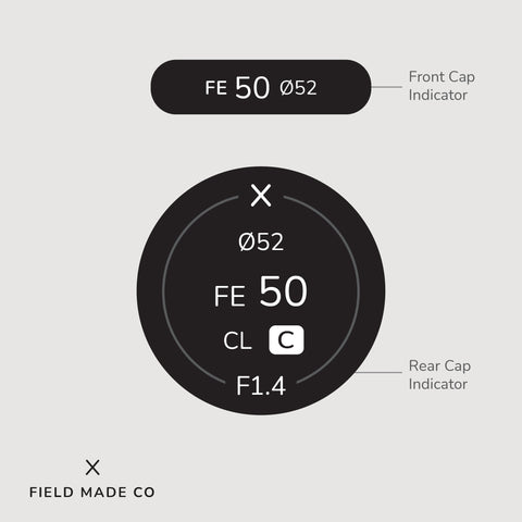 Sigma Sony FE 50mm F1.4 CL DG - C lens cap indiactor sticker label by Field Made Co